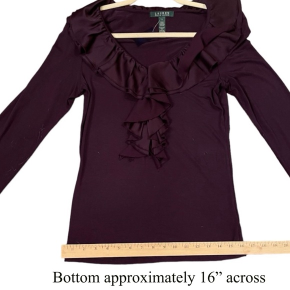 Lauren By Ralph Lauren. V-neckline Top With Ruffle Detail. Burgundy. Size Small - Picture 9 of 14